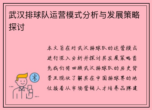 武汉排球队运营模式分析与发展策略探讨