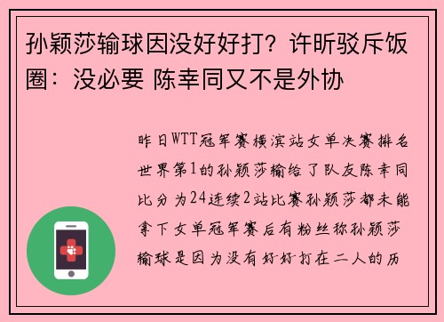 孙颖莎输球因没好好打？许昕驳斥饭圈：没必要 陈幸同又不是外协